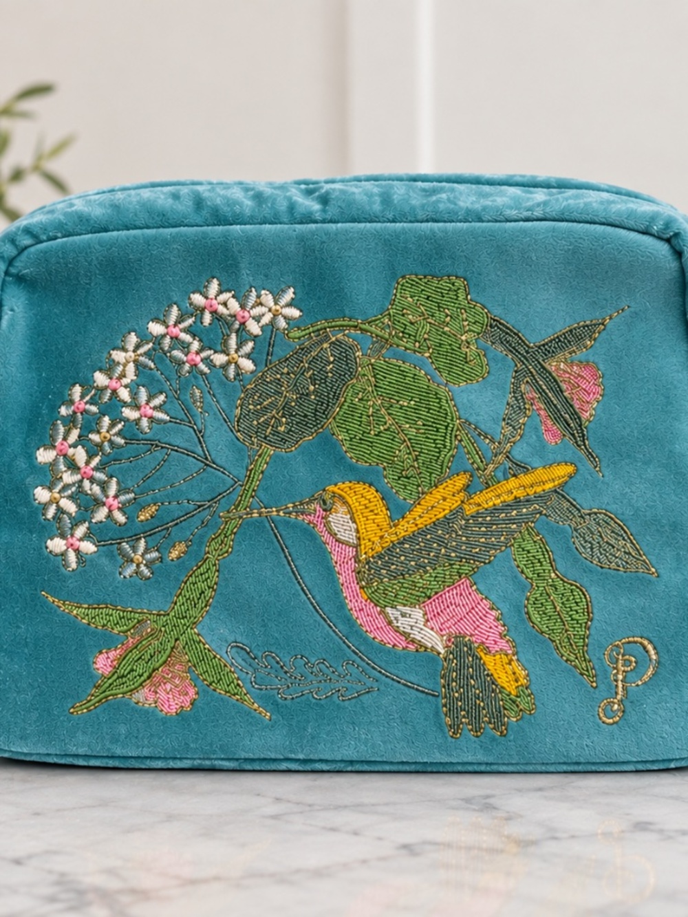 POWDER Velvet Embroidered Make Up Bag — Hummingbird, Aqua
